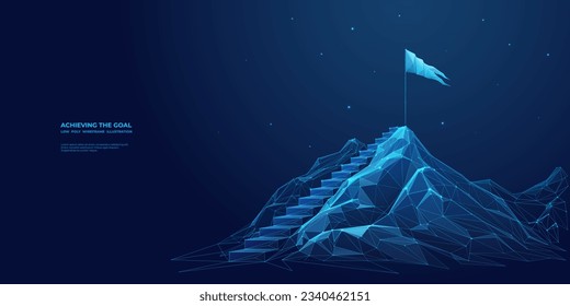 Abstract digital mountain, flag, and stairs. Leadership concept. Goal achievement concept. Low poly wireframe vector illustration in futuristic modern style on technological blue background.