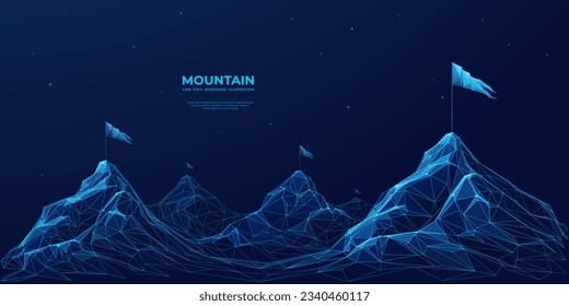 Abstract digital mountains range with flags in a futuristic low poly style. Path to success and business goals achievement concept. Polygonal wireframe vector illustration on technology background.