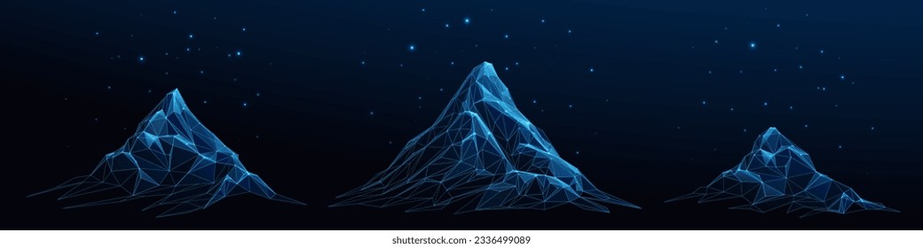 Abstract digital mountains set. Mountains range and starry night sky on dark technology blue background. Low poly wireframe vector illustration of hills landscape with 3D effect. Connected glow dots 