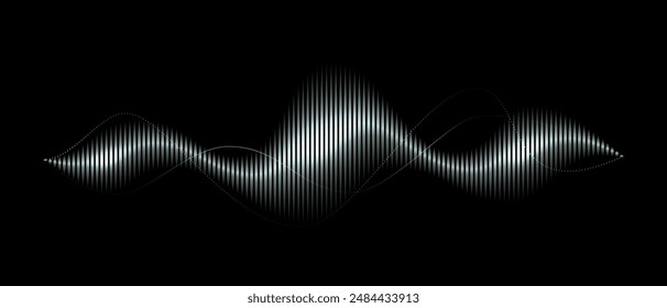 Abstractas onda de audio de música digital sobre fondo negro. Arte de onda de sonido plateado con líneas de Vertical. Ilustración vectorial en concepto de música, sonido, tecnología	