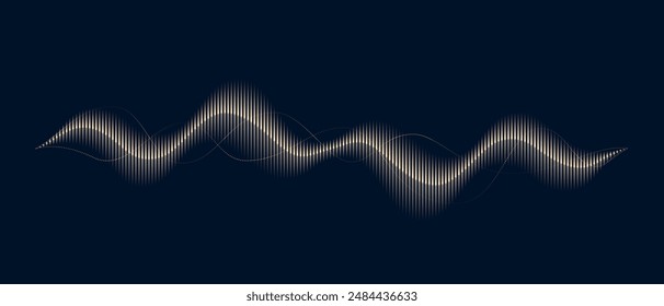 Abstract digital music audio wave on black background. Gold soundwave art with vertical lines. Vector illustration in concept music, sound, technology.	