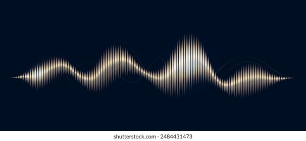 Abstract digital music beat or audio wave with black background. Gold soundwave art with vertical lines. Vector illustration in concept music, sound, technology.	