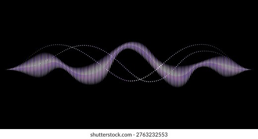 Abstract digital music beat or audio wave with black background. Violet soundwave art with vertical lines. Vector illustration in concept music, sound, technology.	