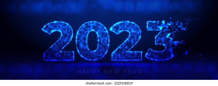 Abstract digital neon blue 2023 text from glowing particles. Points and dots forming number of the new year. Wide christmas website baner. New Year card of digital technology. Easy to edit vector