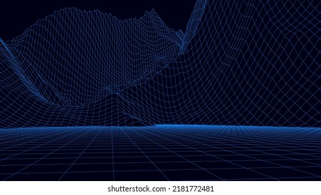 Abstract digital neon grid landscape background. Futuristic retro mountains backdrop. Big data visualization. For website and banner design. Vector illustration.