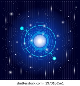 Abstract digital neon light radius screen, grid lines elements scientific futuristic interface, with shapes circle, square, dots and lines circuit board on dark blue background. Vector illustration.