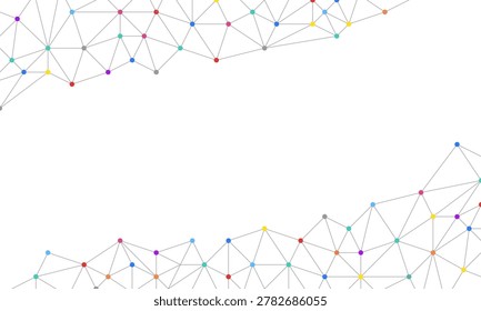 Abstract digital network background with colorful nodes, geometric triangular lines and copy space.