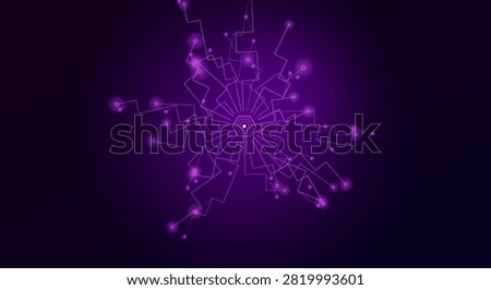 Abstract digital network background featuring glowing purple nodes and circuit board lines connected in complex geometric radial pattern.