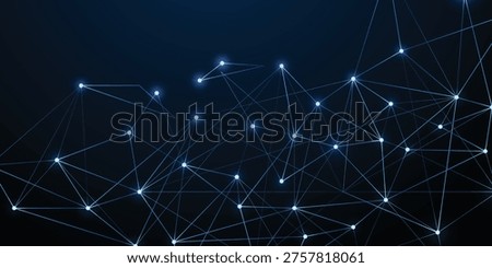 Abstract digital network background with glowing connected nodes and bright lines on a dark blue gradient illustrating data communication, technology flow, and futuristic connectivity.