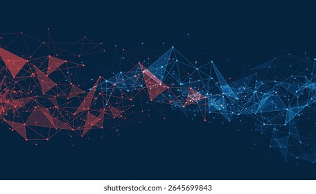 Abstrato conexão de rede digital com linhas vermelhas e azuis e pontos em fundo escuro, comunicação de tecnologia e conceito de transferência de dados