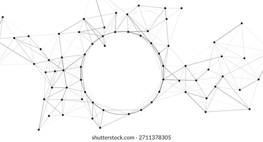 Abstract digital network illustration with interconnected nodes and lines forming a complex structure around a central implied circle. Represents global communication, data, and technological innov...