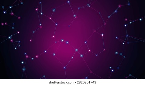 Abstract digital network structure featuring glowing nodes and connecting lines on vibrant purple background depicting connectivity.