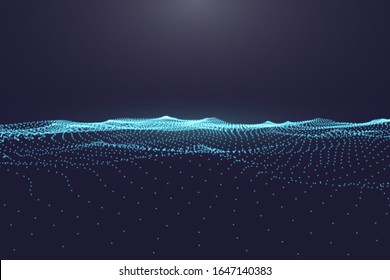 Abstract digital ocean with flowing particles and upper light. Cyber or technology background.Vector illustration.