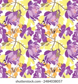 Abstract Digital Paint Watercolor Mix Flowers and Leaves Seamless Pattern Isolated Background. Colorful summer pattern 