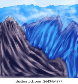 Abstract Digital Painting of Mountain Landscape in Cool Tones