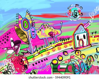 abstract digital painting of rural landscape with house, cow, flower, blue sky and sun shine, vector illustration