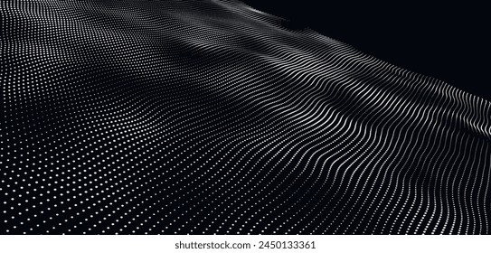 Abstract digital particle wave. Futuristic black and white dot wave. Abstract technology background. Big data visualization. 3D futuristic vector illustration.