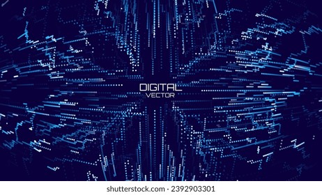 Abstract Digital Particles Moving Towards Center. Futuristic Digital Circuit Wave. Big Data Visualization. 3D Virtual Space VR Cyberspace. Crypto Currency Concept. Vector Illustration.