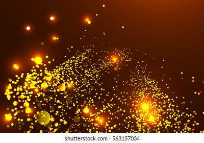 Abstract digital particles on dark background with dots. Many bright particles.