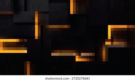 Padrão digital abstrato com linhas geométricas e retângulos brilhantes em laranja e amarelo em um fundo escuro, ideal para tecnologia moderna, dados ou conceitos de design futurista