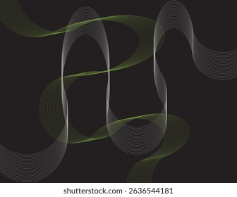 Abstract digital pattern of green and white curved lines on black background