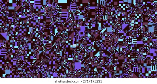 Abstract digital pattern with purple cyan geometric shapes and pixelated glyphs on a dark background, glitch art aesthetic