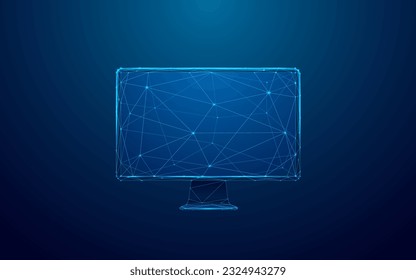 Resumen del monitor de PC digital con un estilo de alambre de bajo contenido de polilla. Pantalla vacía del equipo en puntos, líneas y formas geométricas conectadas. Ilustración de vectores 3D poligonal sobre fondo azul oscuro.