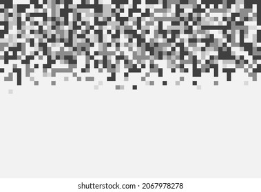 Abstract digital pixel art background with falling black and white squares and copy space.