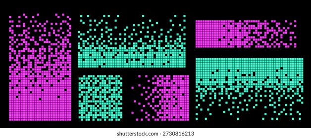 Fondo Abstractas de píxeles digitales con efecto de fallo y partículas que caen