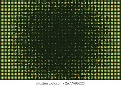 Abstract Digital Pixelated Background with Green and Yellow Squares Fading into a Dark Center