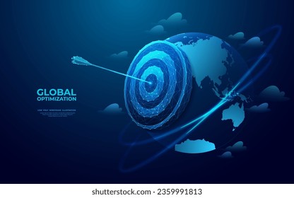 Abstract digital planet Earth and target with bow arrow in a bullseye. Global mission concept. Futuristic low poly vector illustration on blue technology background. Global market, goal and success.