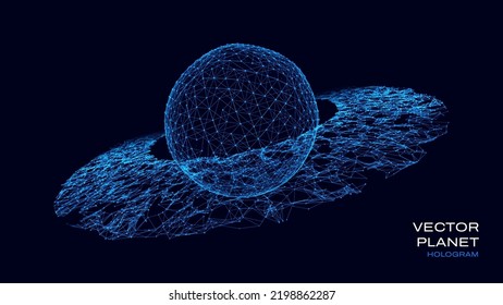 Abstract Digital Planet Saturn Hologram from Lines, Triangles and Particles. FUI Style Design. Futuristic Game HUD Design Element. Vector Illustration. Virtual Reality Space Hologram.