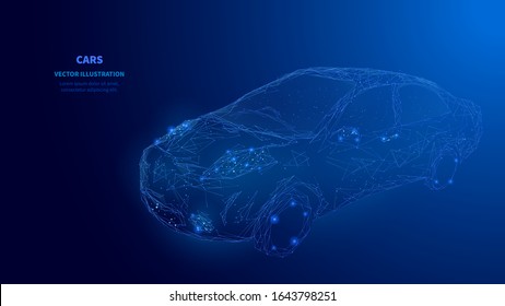 Abstract Digital Polygonal Isolated Car On Dark Blue Background. Technology Innovation Engineering. Cars Rental And Cars Sale Concept. Low Poly Wireframe Banner Template. Polygons And Connected Dots.