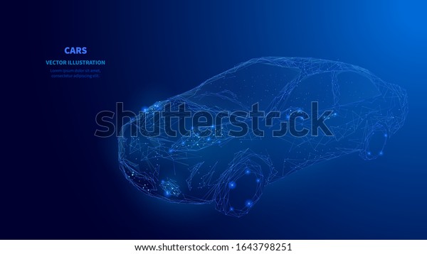 Abstract digital polygonal isolated car on dark\
blue background. Technology innovation engineering. Cars rental and\
cars sale concept. Low poly wireframe banner template. Polygons and\
connected dots.