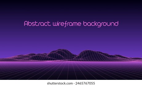 Abstrakte digitale polygonale Drahtmodell-Landschaft. Pink Mesh-Illustration auf dunkelviolettem Hintergrund. Digitale polygonale Drahtmodell-Landschaft.