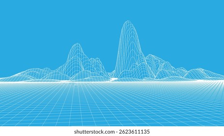 Abstract digital polygonal wireframe landscape. Blue mesh illustration on dark background. Digital polygonal wireframe landscape.