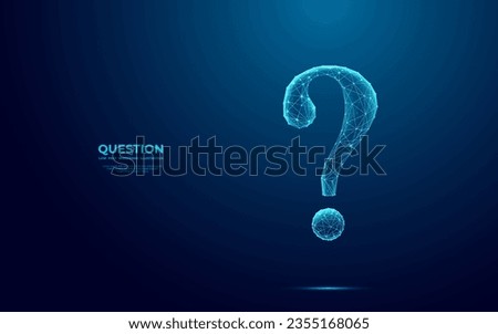 Abstract digital Question mark. Futuristic low poly wireframe Ask symbol. Support, Help, and Problem symbols on blue technology background. Polygonal illustration consist of lines and connected dots.