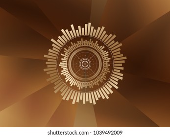 Abstract digital radar screen concept geometric elements with technology shapes. circle, Lines, straight lines, wave, swirling, and sonar motion light brown. Vector illustration on brown background.