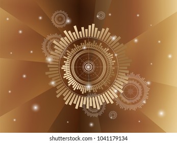 Abstract digital radar screen. The concept geometric with technology shapes. circle, dots, Lines, straight lines, wave, swirling, and sonar motion. Vector illustration on glowing brown background.