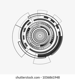 Abstract digital radar screen. Abstract geometric elements with technology shapes, Lines, Circles, Dots, and wave swirling, sonar. Vector illustration isolated on white background.