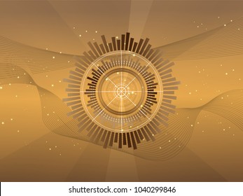 Abstract digital radar screen geometric elements with technology shapes. circle, Lines, straight lines, wave, swirling and sonar motion light brown. Vector illustration on glowing brown background.