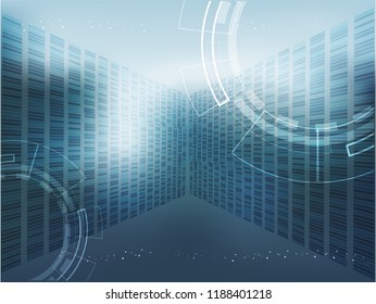 Abstract digital radar screen. Abstract geometric elements with technology shapes, Lines, Circles, Dots, and sonar color green. Vector illustration squares circuit boards on dark blue background

