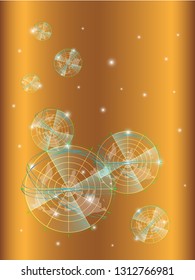 Abstract digital radar screen. Geometric elements with technology lines, circles, dots, rings and  color green, blue. Vector illustration on glow yellow brown background.