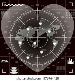 Abstract digital radar screen of heart shape with world map, targets and futuristic user interface in black, gray and white shades