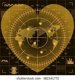 Abstract digital radar screen of heart shape with world map, targets and futuristic user interface of yellow, brown, and beige shades