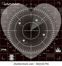 Abstract digital radar screen of heart shape with targets and futuristic user interface in gray and black shades. Valentine's Day backdrop