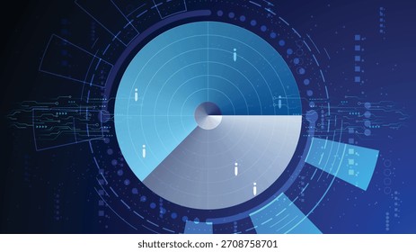 Ilustração de tela de radar digital abstrata em um fundo azul profundo e de alta tecnologia.