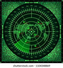 Abstract digital radar screen with world map, targets and circuit board elements of green shades on dark background. Technology backdrop.