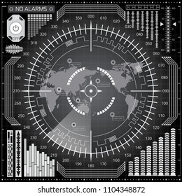 Abstract digital radar screen with world map, targets and futuristic user interface of white, gray and black shades. Military search system.