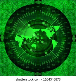 Abstract digital radar screen with world map, targets and circuit board elements of green shades on dark background
